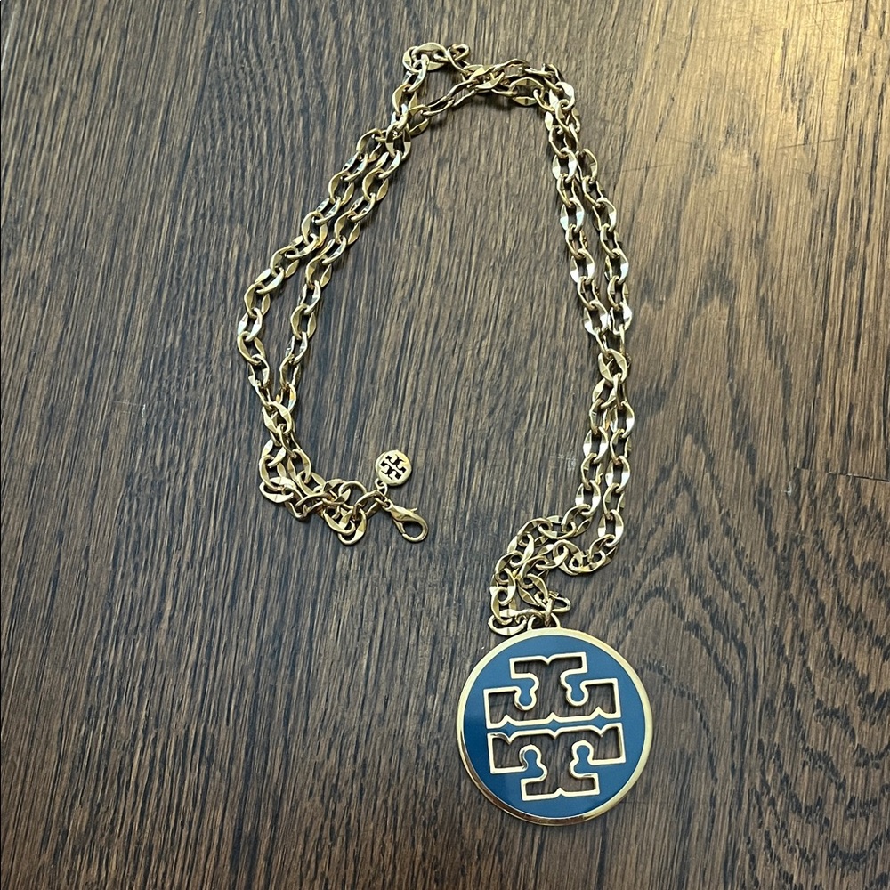 Tory Burch Black and Gold Logo Necklace
